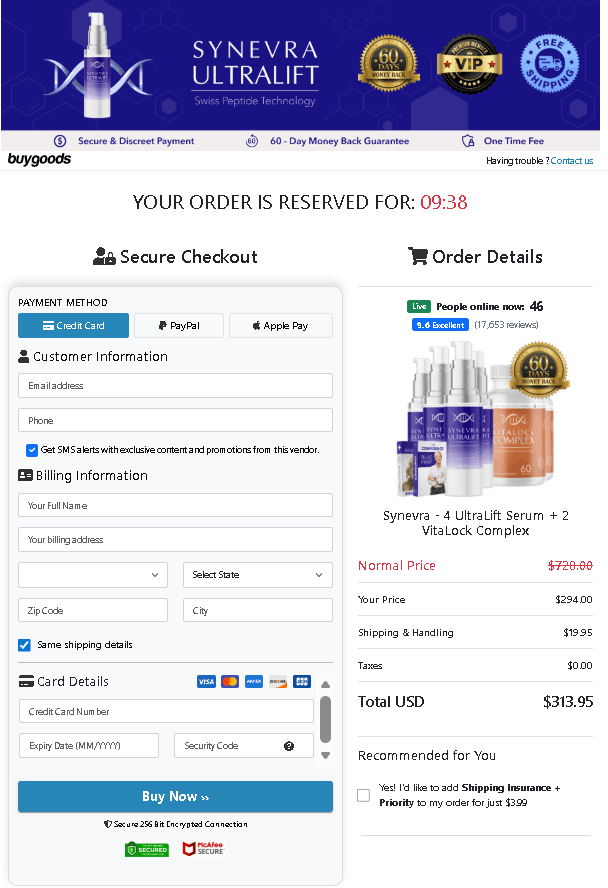 Synevra UltraLift checkout page 